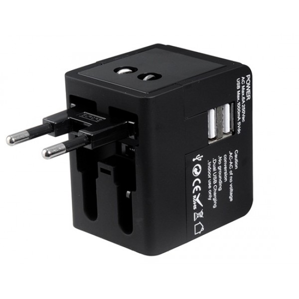 Dual USB Universal World Travel Power Adapter with AU/US/EU/UK Plugs & LED Indicator Light (Black)